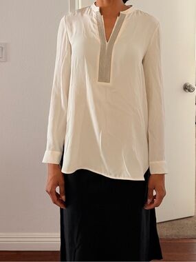 Lafayette 148 New York 100% Silk Embellished Tunic Blouse in Cream – Petite (NWO
